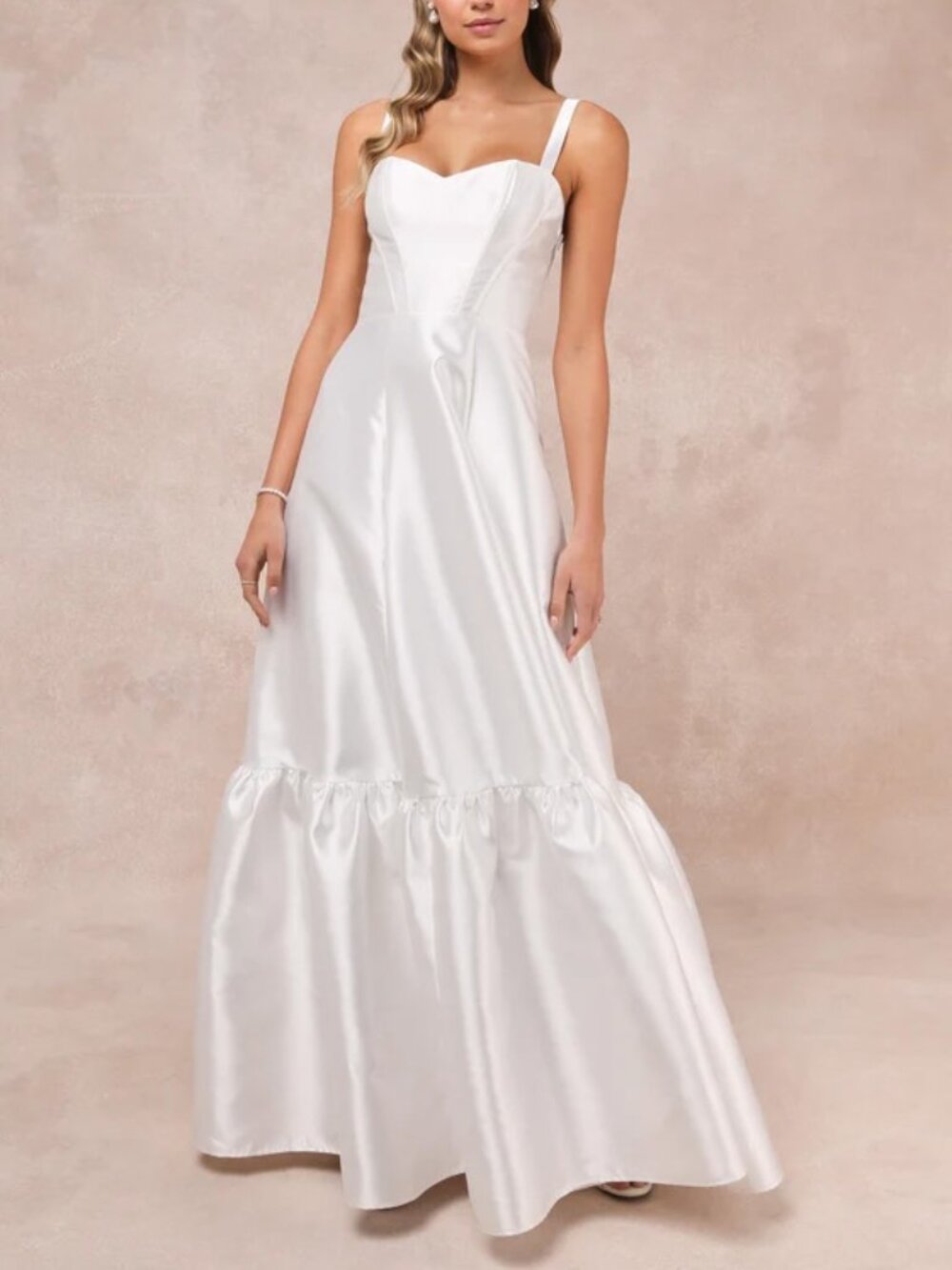 NWT Lulus Luxurious Passion White Taffeta Bustier Tiered Maxi Dress size M
